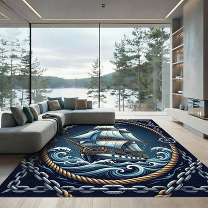 Nautical Tall Ship Ocean Waves Rug
