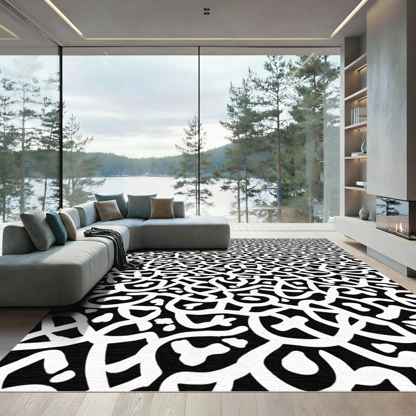 Bold Black White Organic Curves Rug