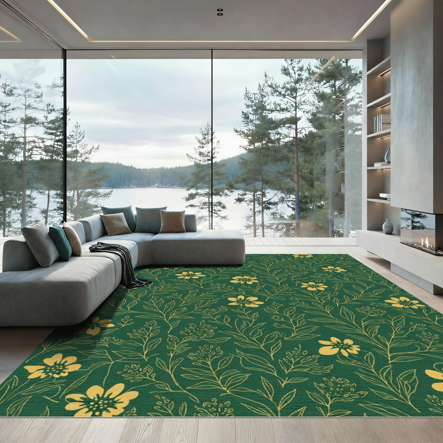 Emerald Green Gold Floral Vine Rug