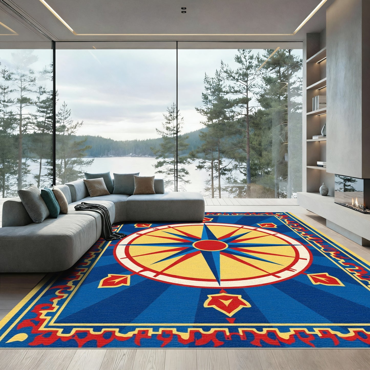 Bold Blue Compass Rose Medley Rug