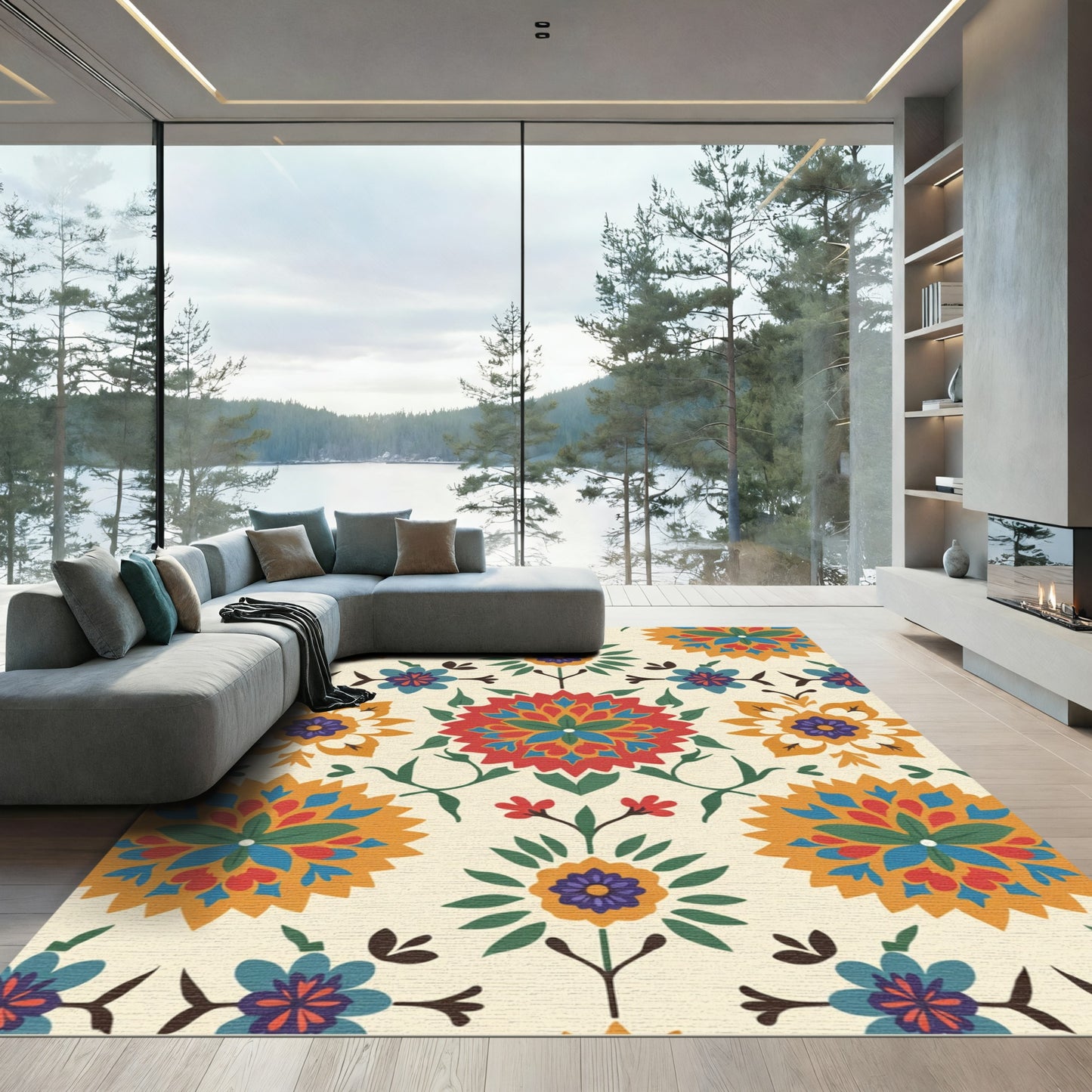 Vibrant Red Blue Yellow Floral Medallion Rug