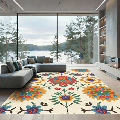 Vibrant Red Blue Yellow Floral Medallion Rug