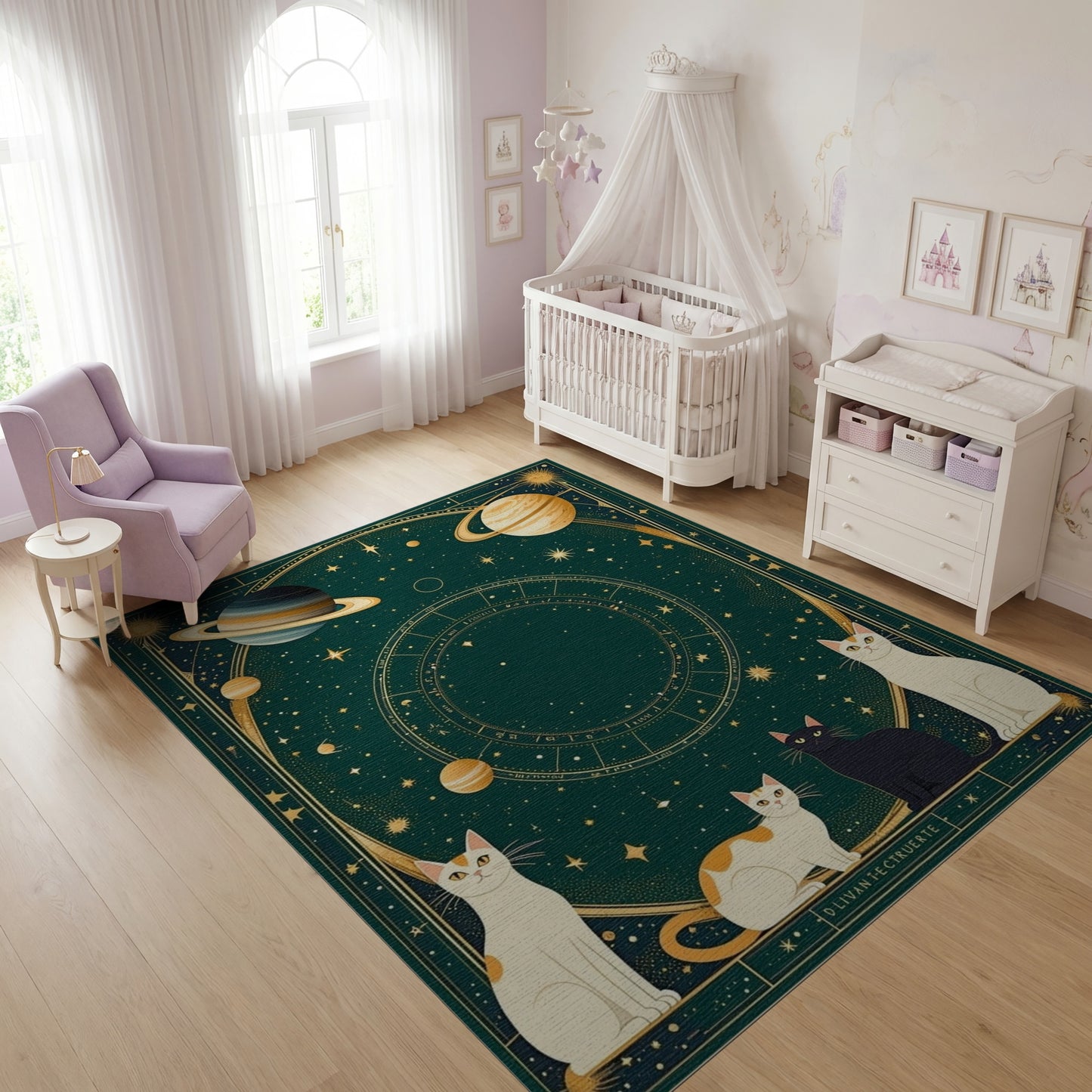 Dark Green Cosmic Cats Zodiac Rug