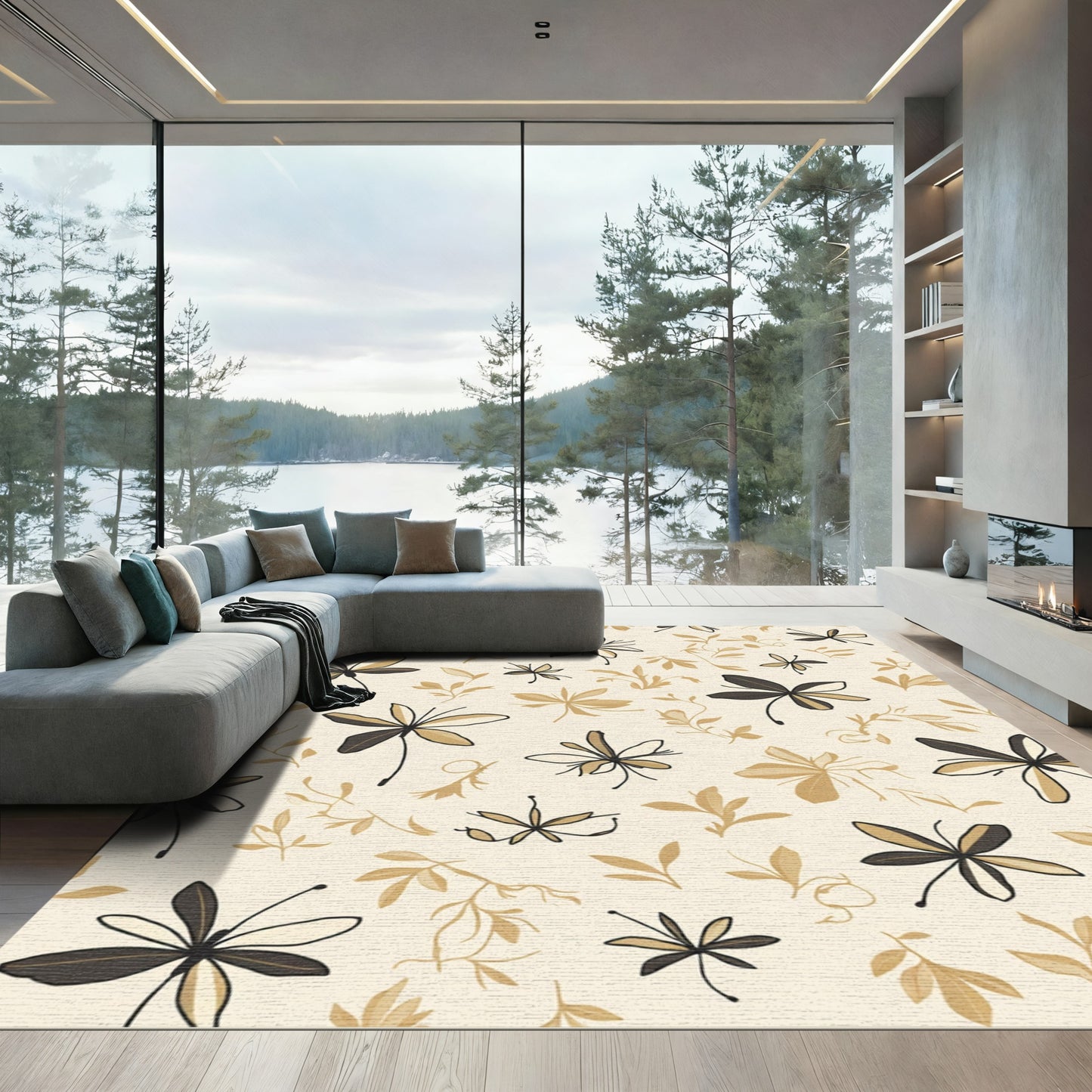 Cream Brown Botanical Flower Arrangement Rug
