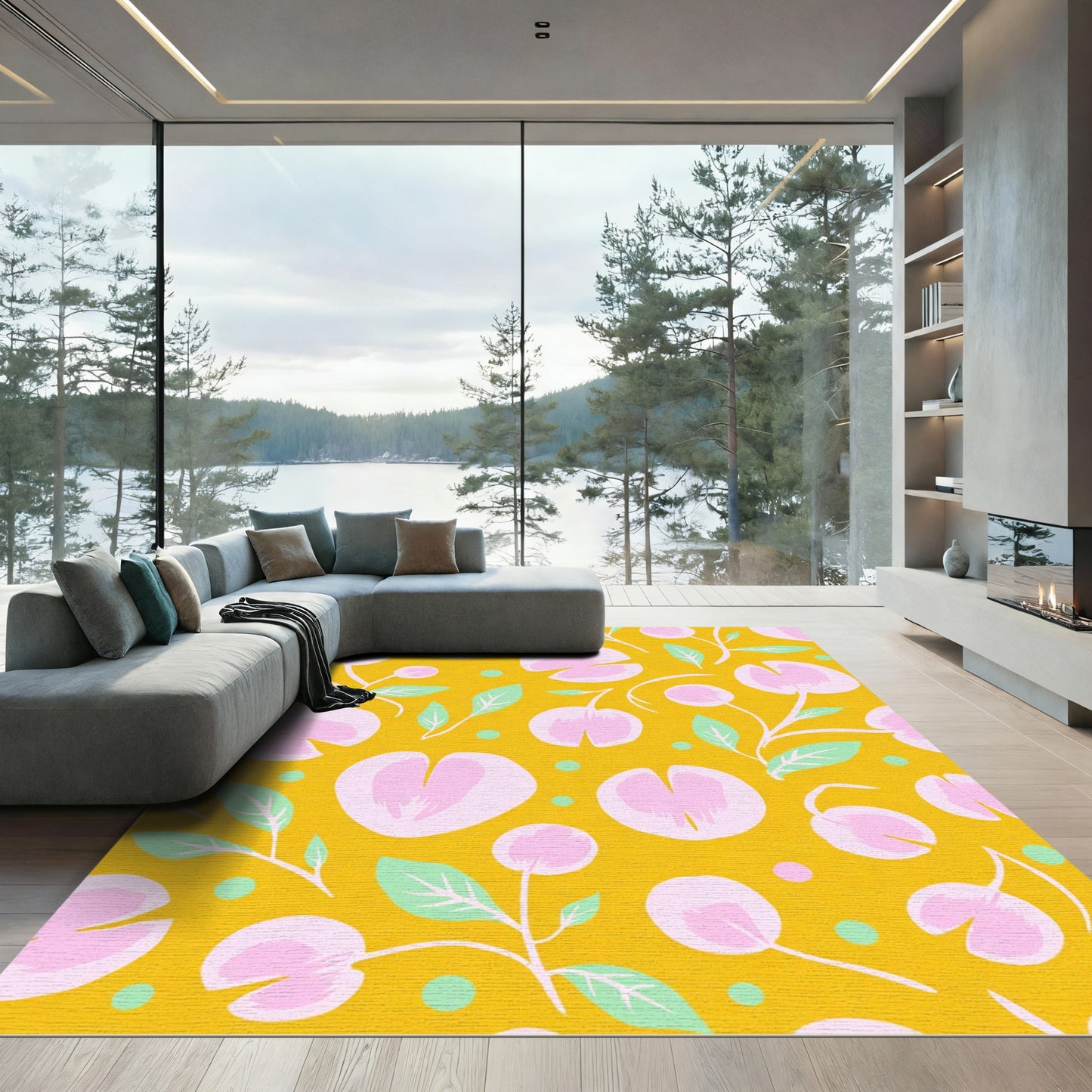 Golden Yellow Pink Floral Blossom Rug