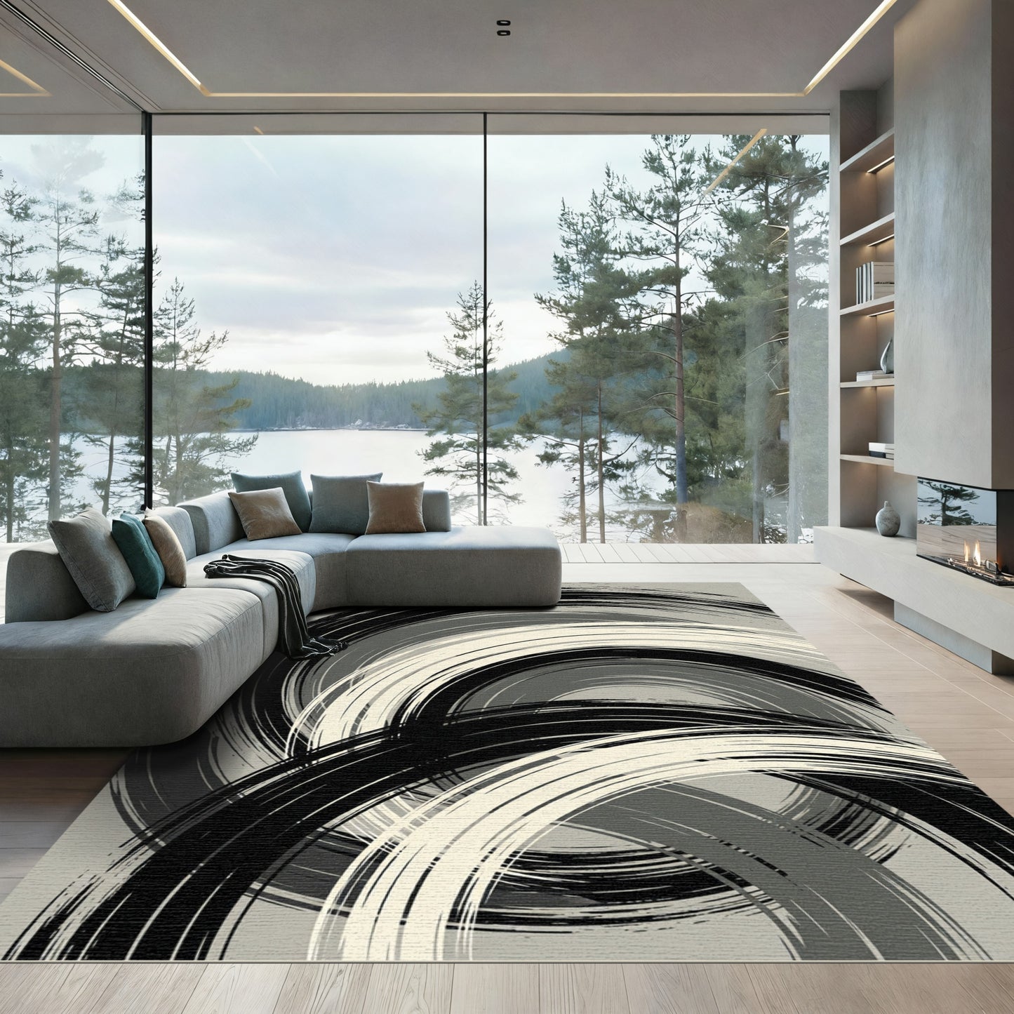 Monochromatic Abstract Brushstroke Swirl Rug