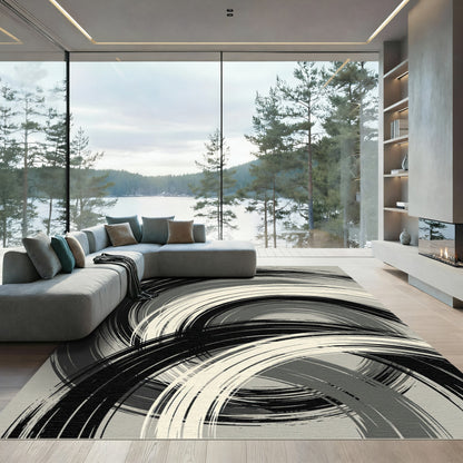 Monochromatic Abstract Brushstroke Swirl Rug