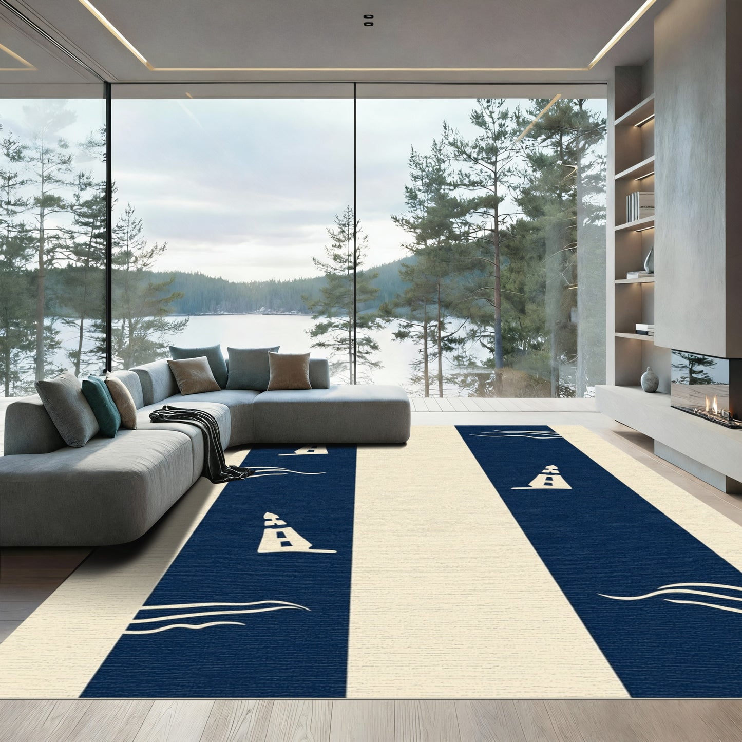 Navy Cream Nautical Stripe Lighthouse Rug