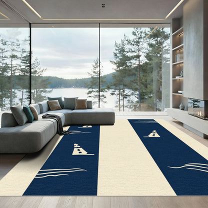 Navy Cream Nautical Stripe Lighthouse Rug