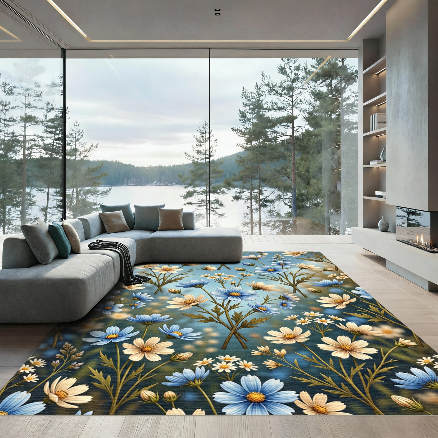 Charming Blue White Floral Garden Rug
