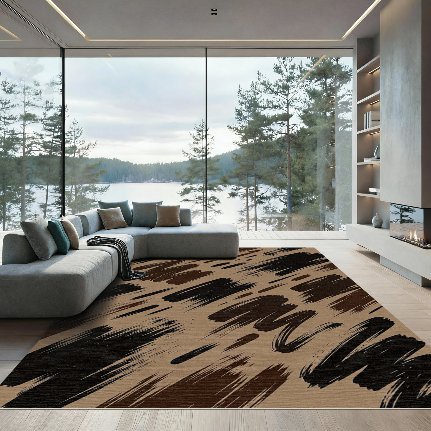 Abstract Earthy Brown Painted Brushstrokes Rug