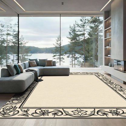 Cream Black Floral Border Rectangular Rug