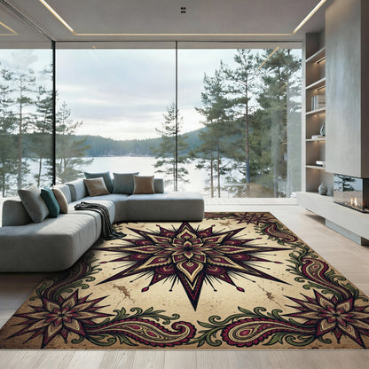 Burgundy Gold Starburst Paisley Border Rug