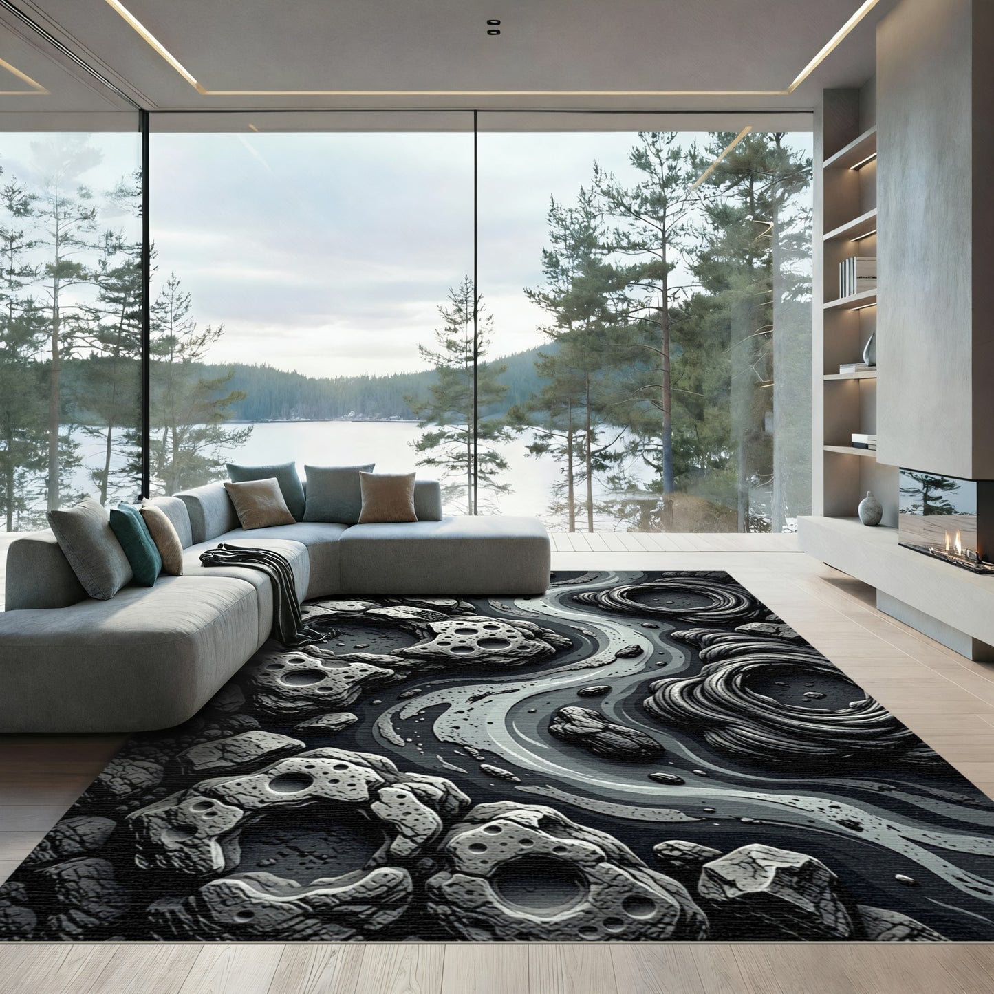 Dark Gray Abstract Stone Rippled Rug