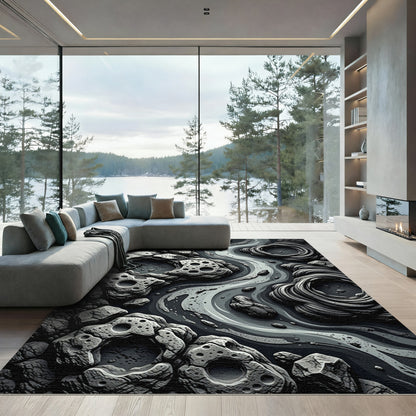 Dark Gray Abstract Stone Rippled Rug