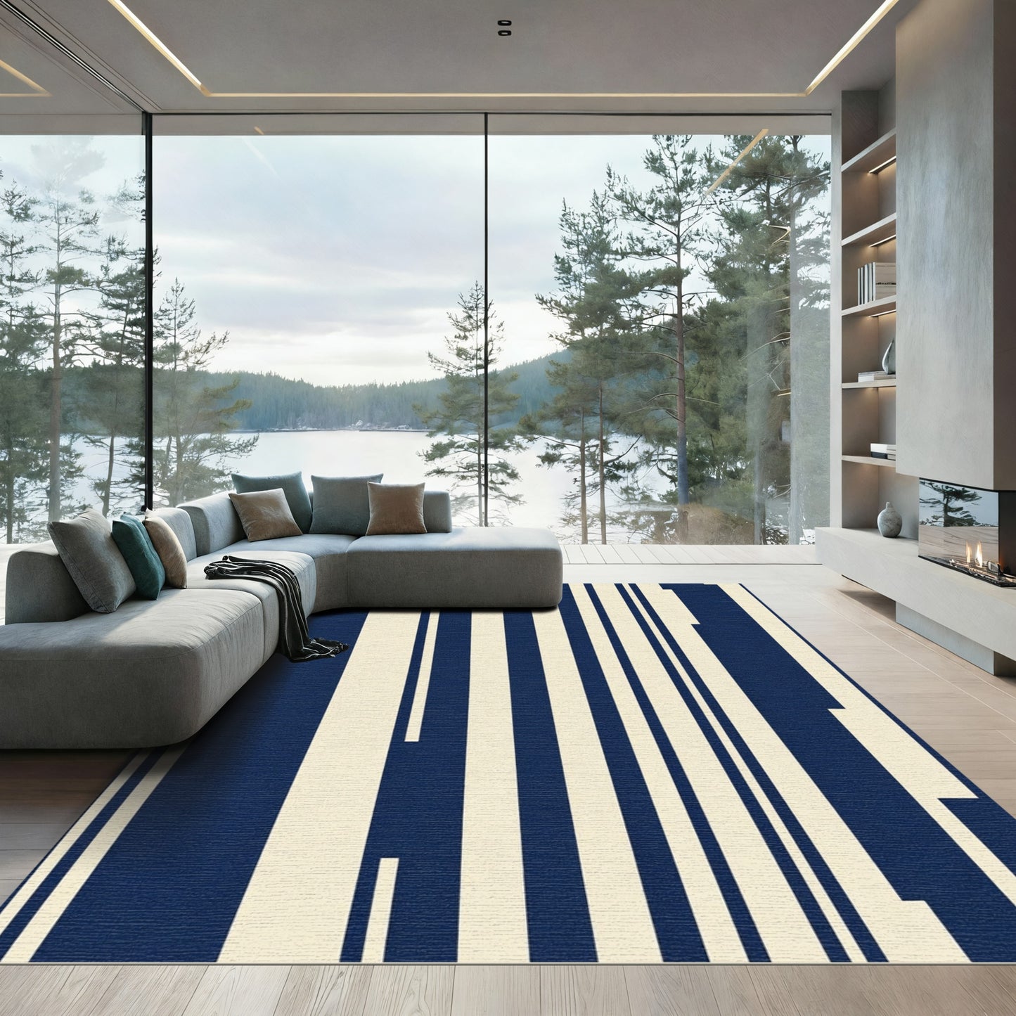Deep Blue White Vertical Stripe Rug