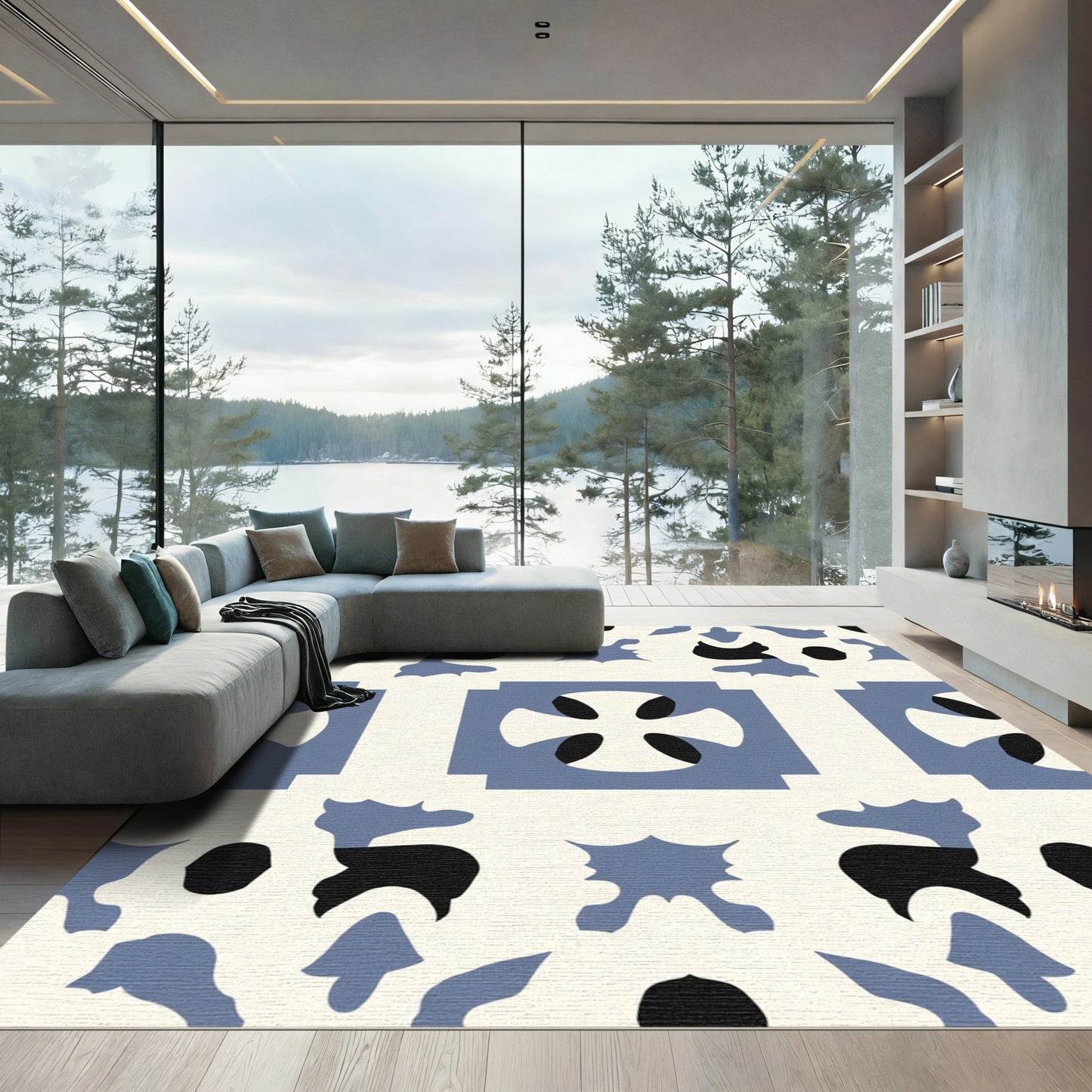 Cream Blue Abstract Quatrefoil Scroll Rug