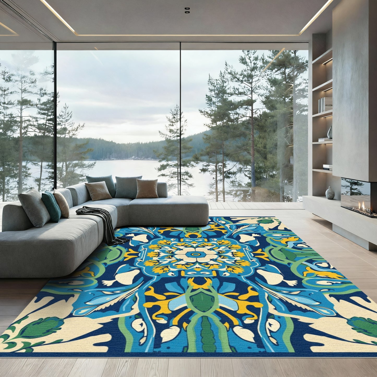 Deep Blue Yellow Floral Medallion Abstract Rug