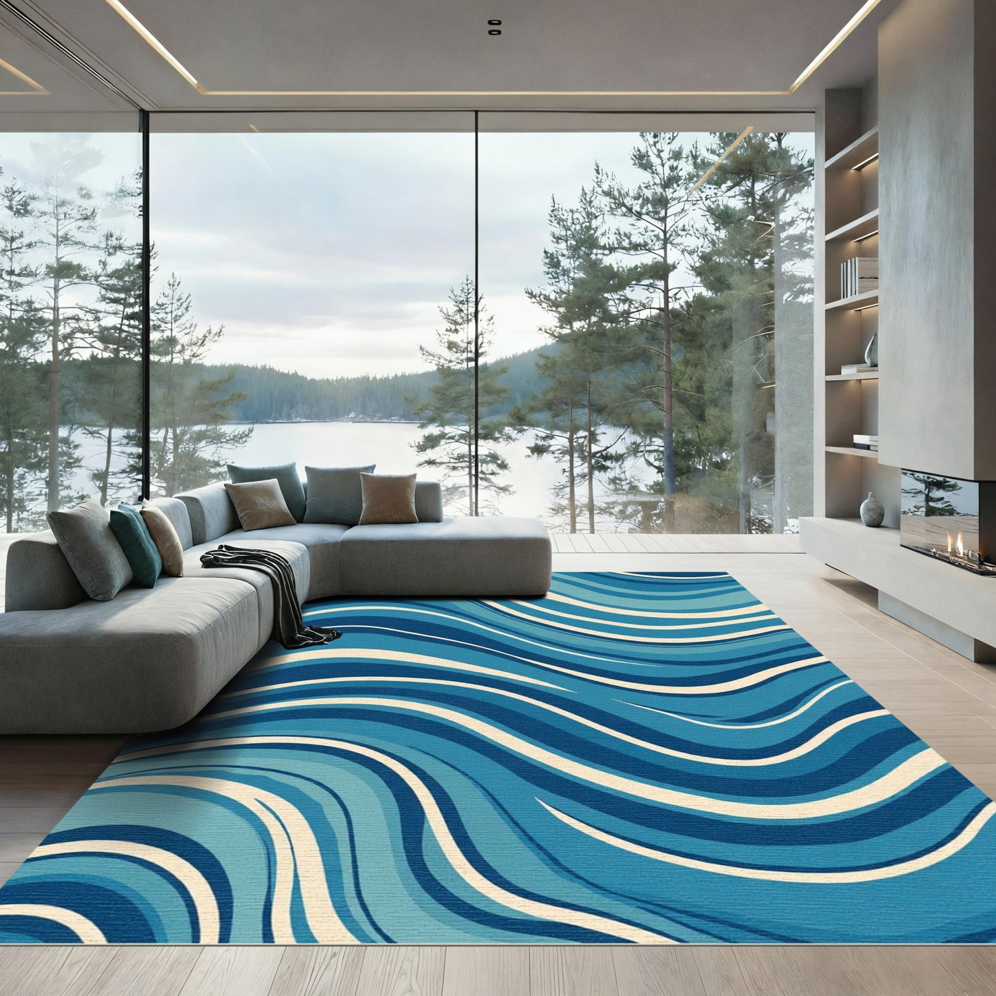 Mid Century Blue Wave Abstract Rug
