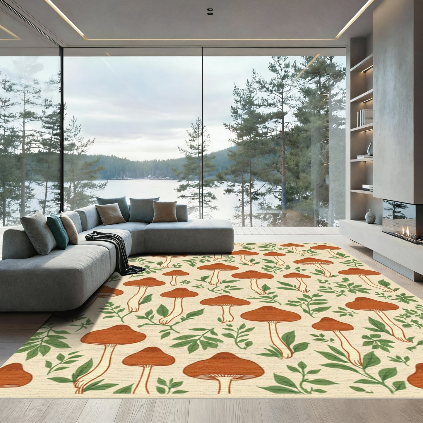 Earthy Brown Mushroom Forest Print Rug