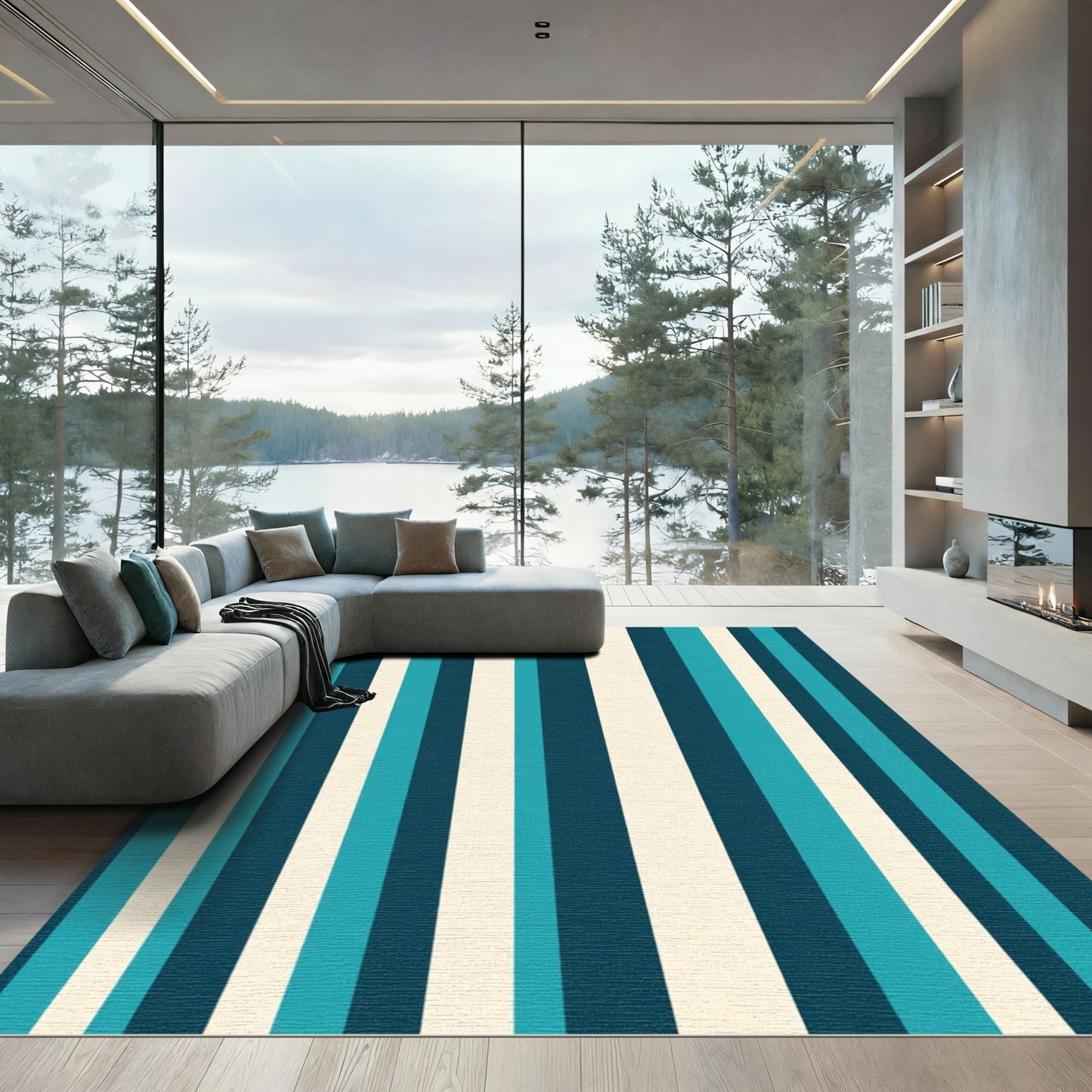 Blue Teal Cream Vertical Stripes Rug