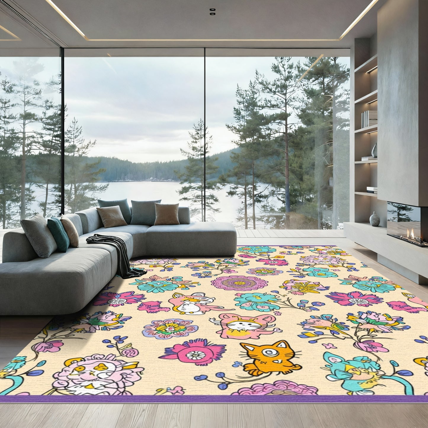 Whimsical Pastel Floral Animal Collage Rug