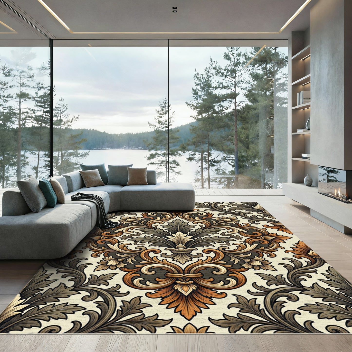 Ornate Brown and Orange Floral Scroll Rug