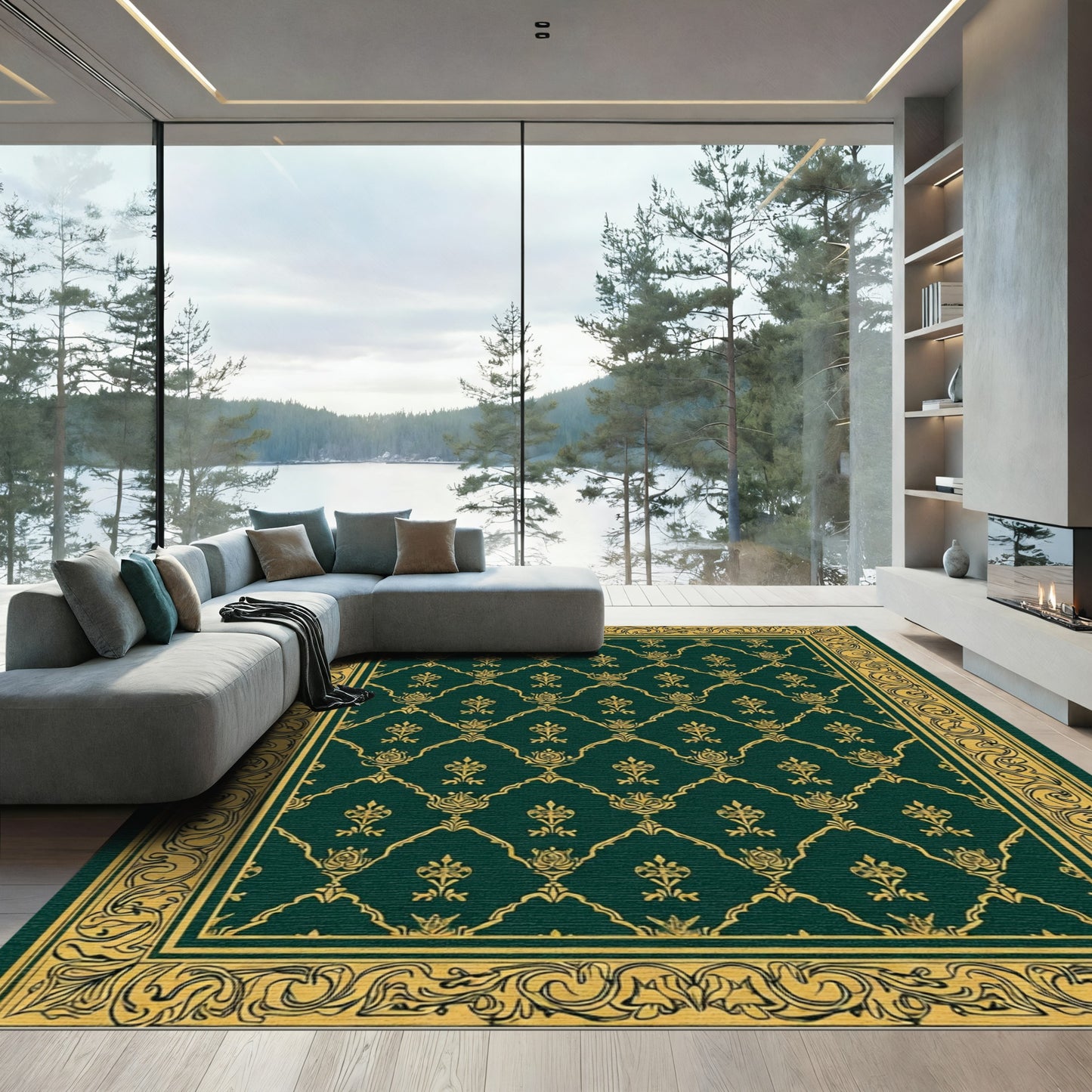 Emerald Gold Floral Lattice Border Rug