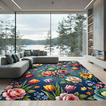 Vibrant Floral Bouquet Blue Background Rug