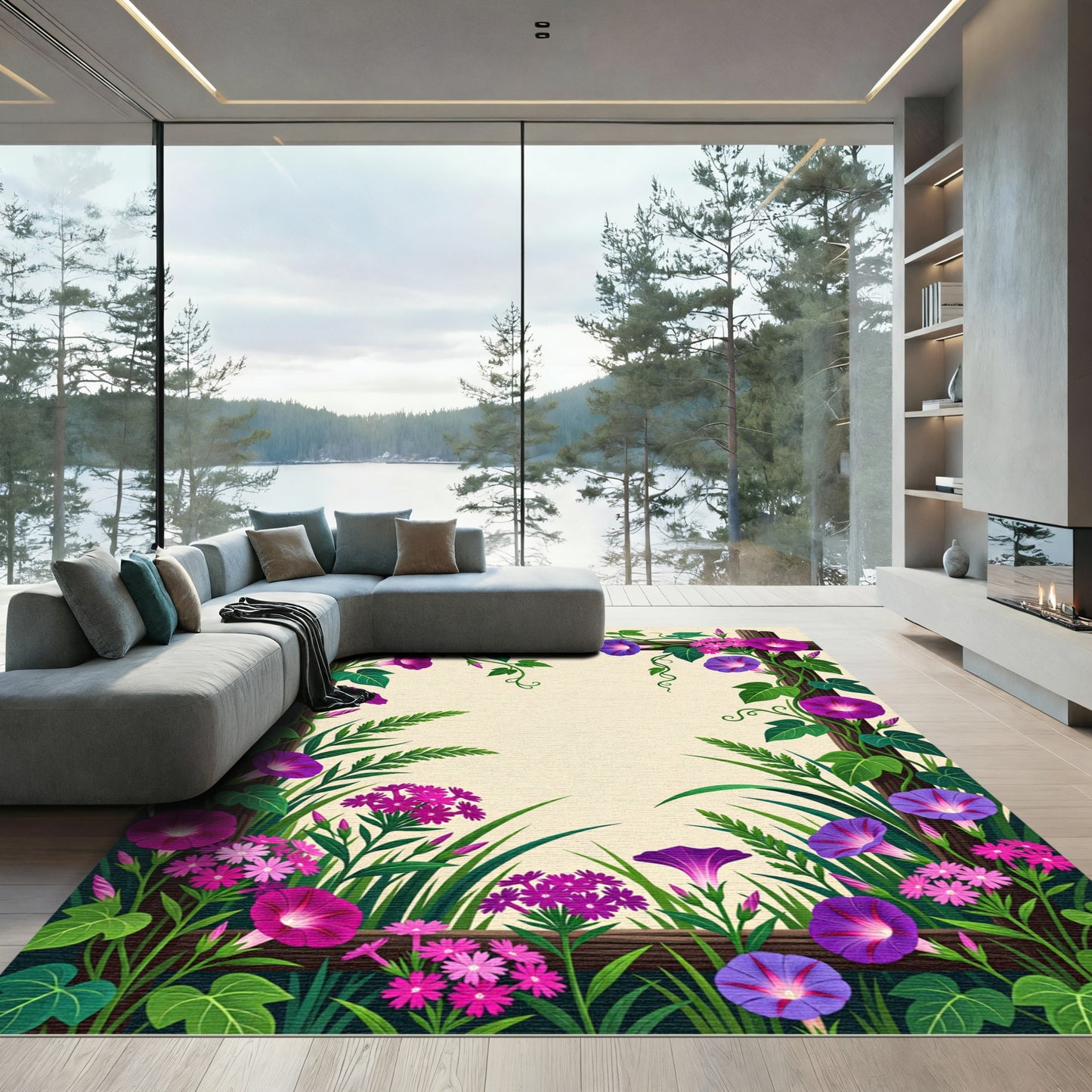 Vibrant Magenta Morning Glory Vine Rug