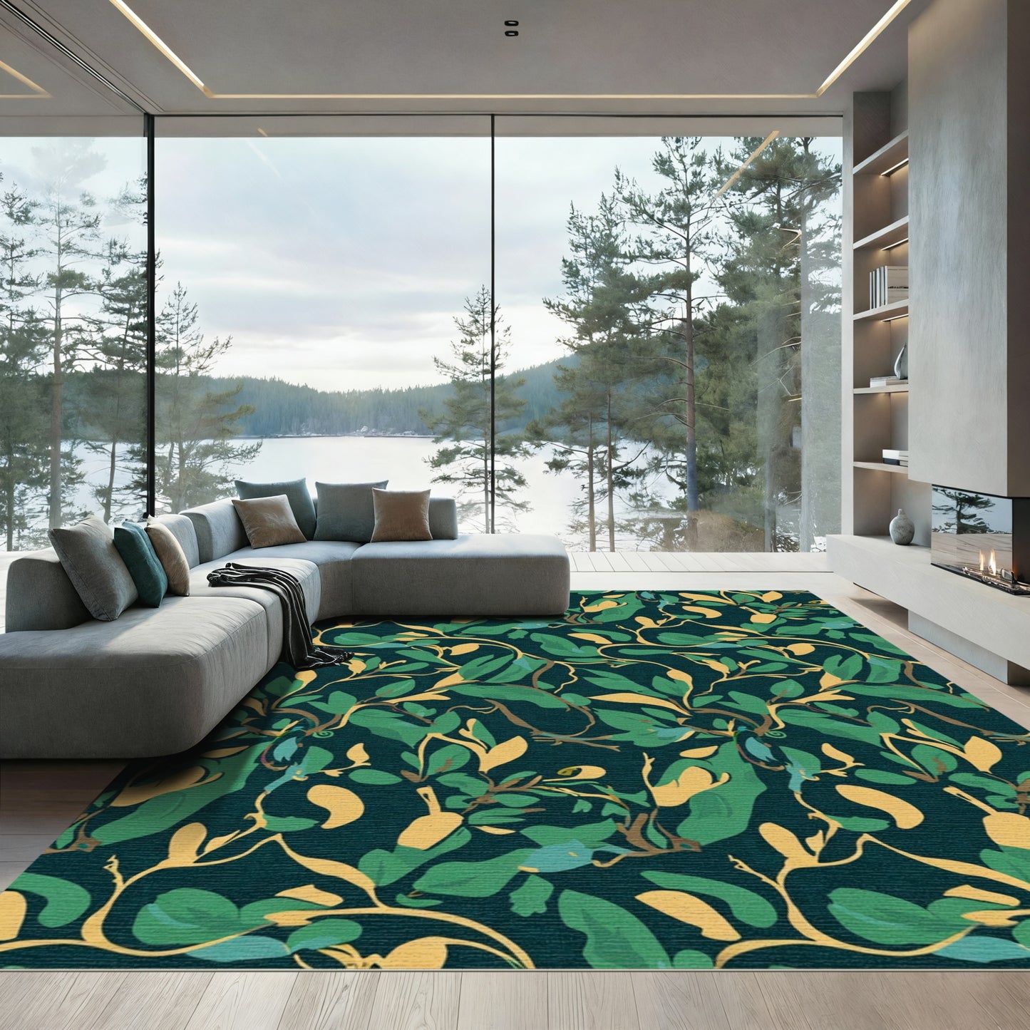 Deep Green Gold Leafy Branch Rug
