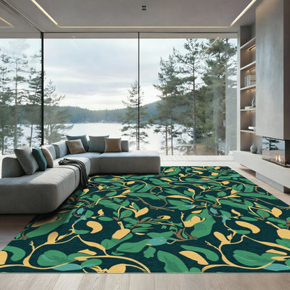 Deep Green Gold Leafy Branch Rug