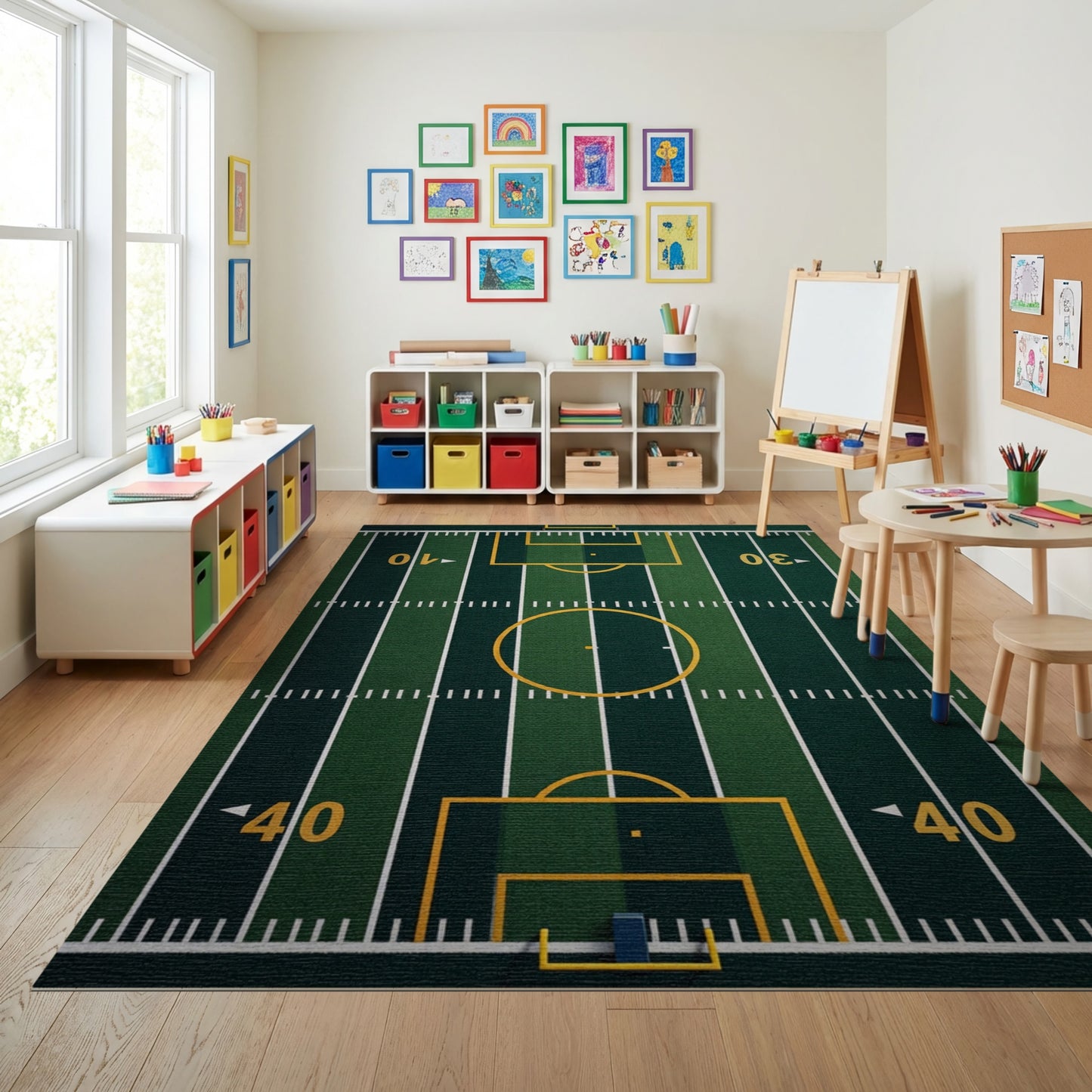 Green Turf Soccer Field Lines Rug