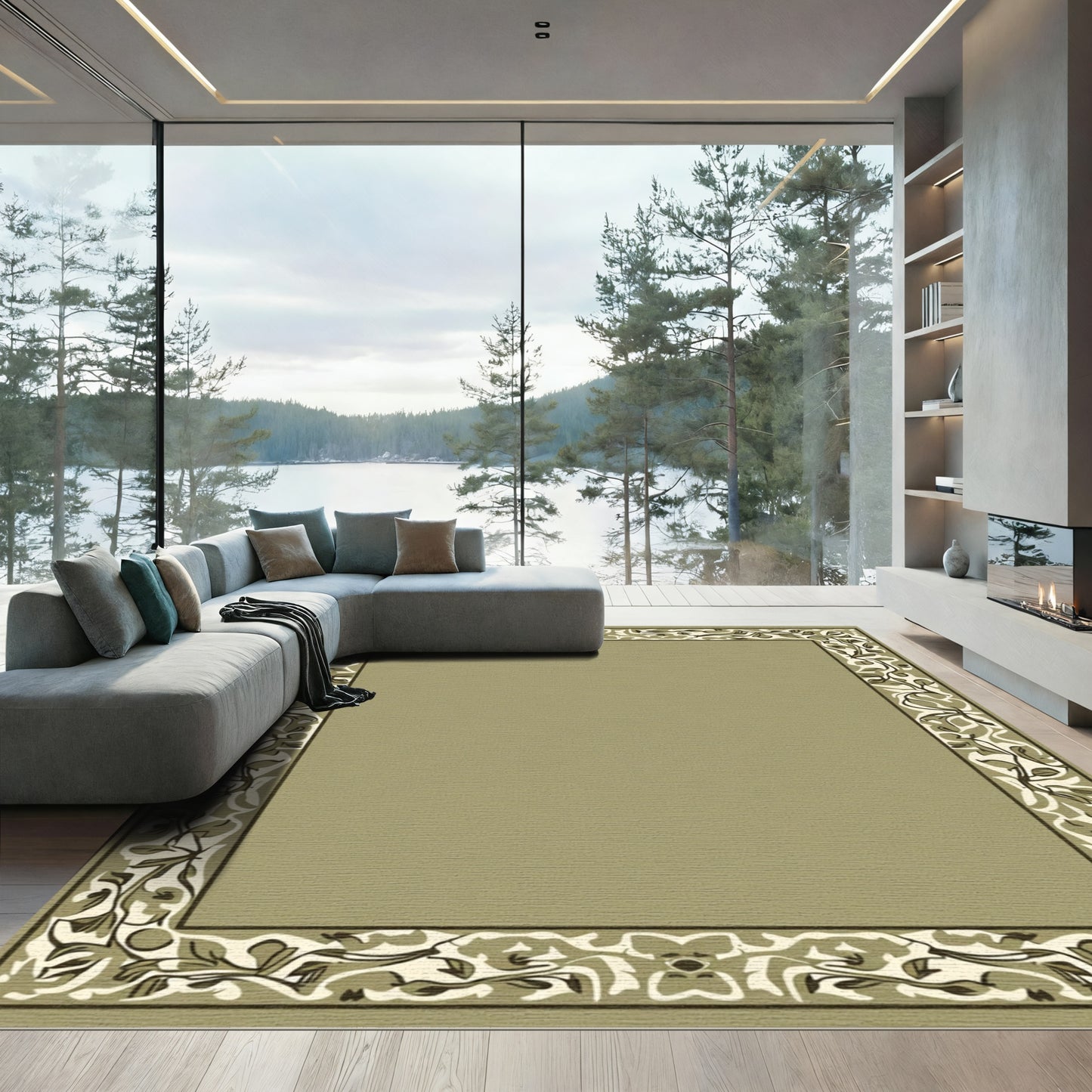 Olive Green Botanical Border Design Rug
