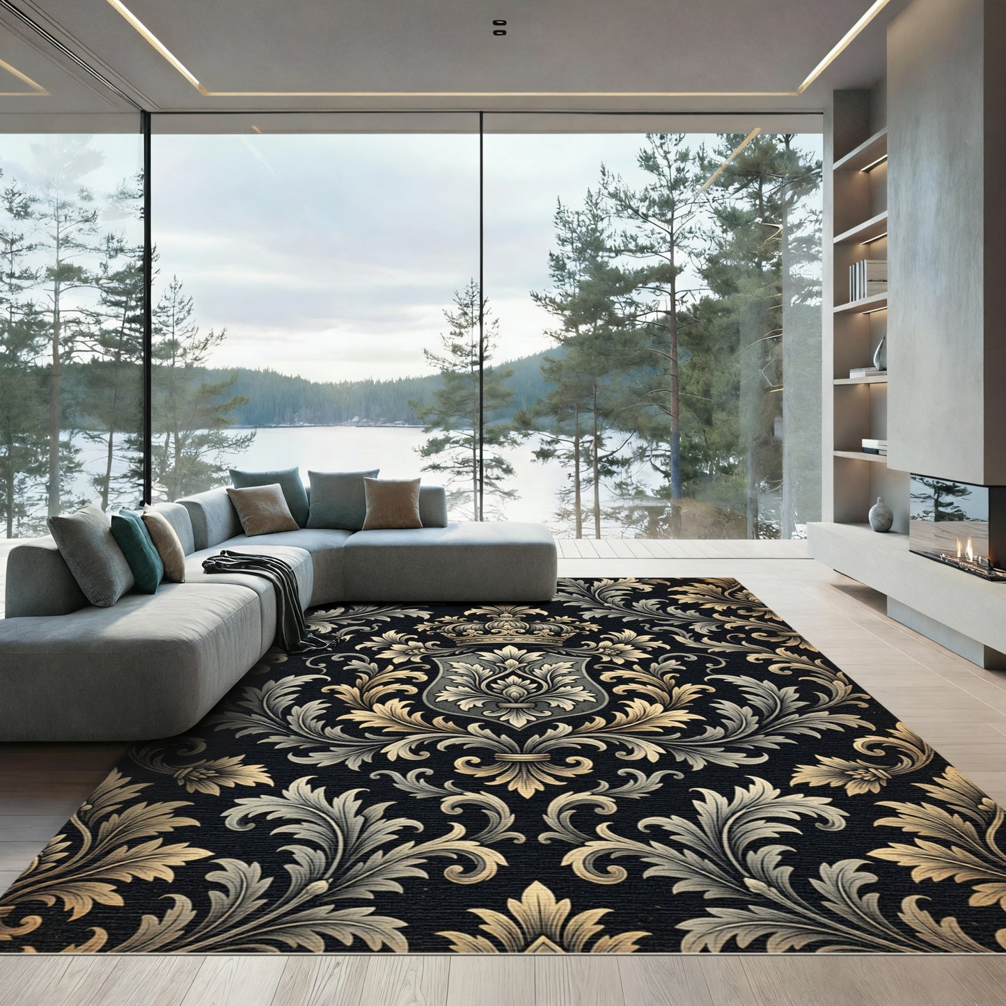 Elegant Gold Royal Crown Damask Rug