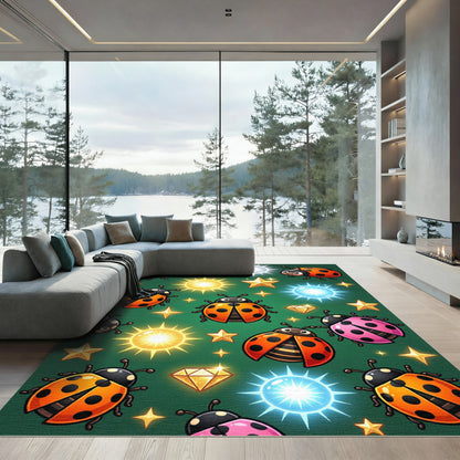 Whimsical Ladybug Starry Crystal Forest Green Rug