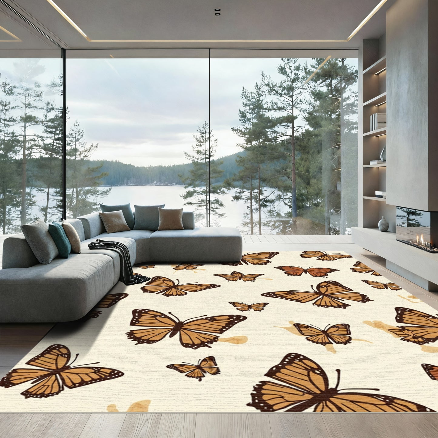 Orange Monarch Butterflies Scattered Cream Rug