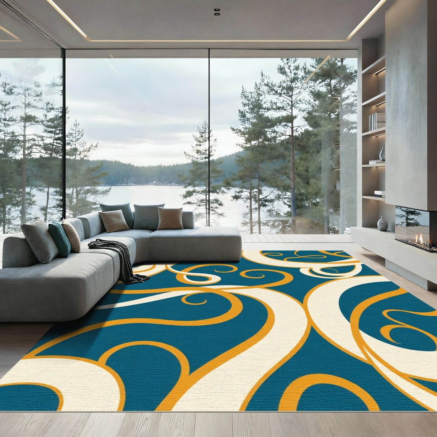 Elegant Teal Swirl Gold Ribbon Rug