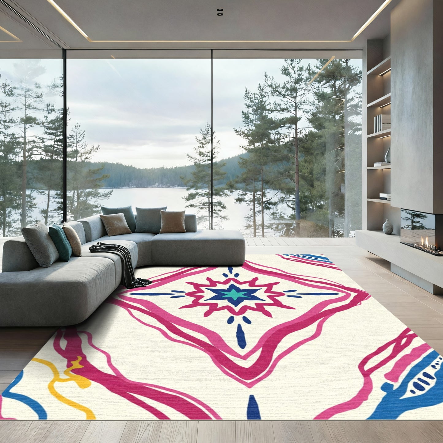 Bold Pink Blue Starburst Diamond Rug
