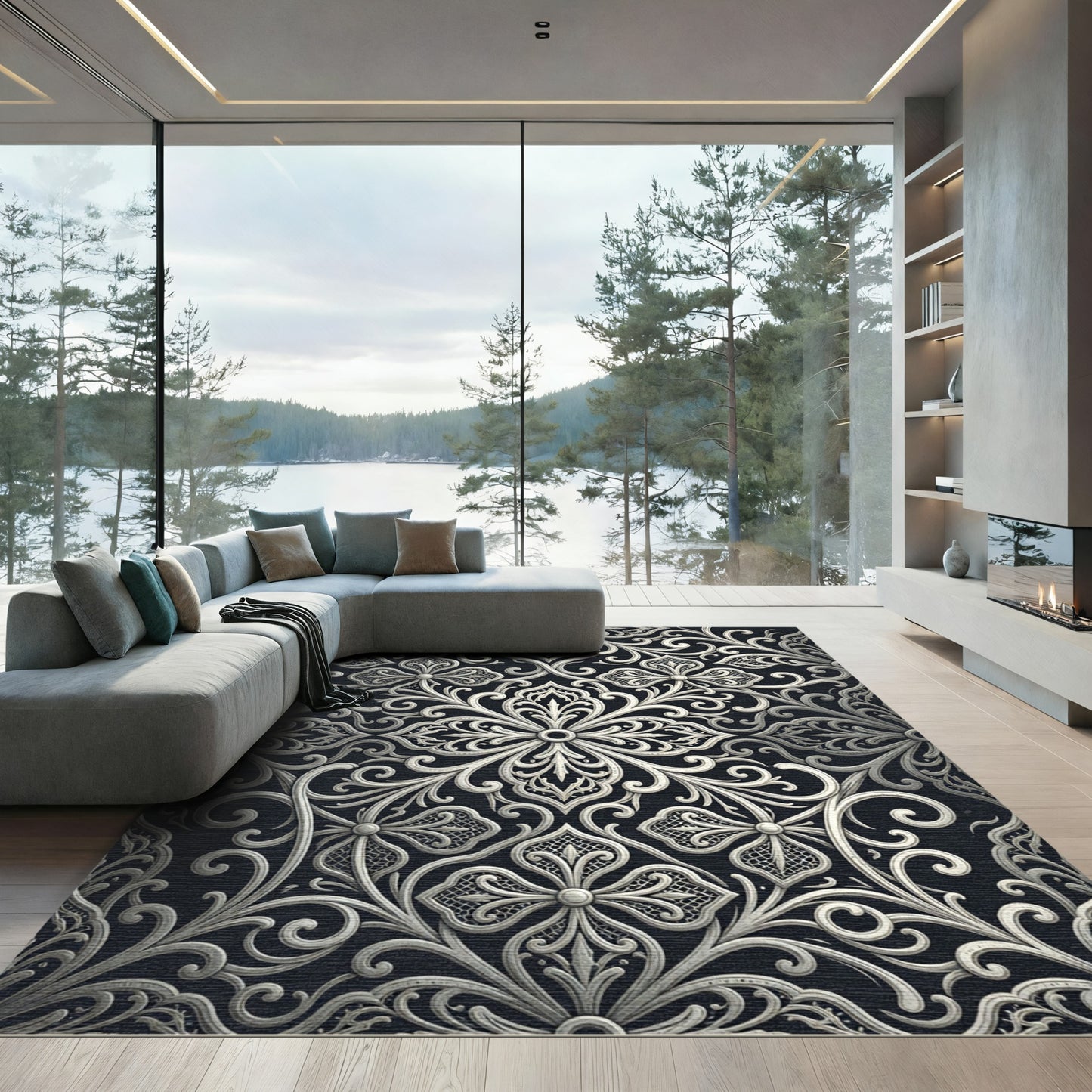 Silver Filigree Baroque Flourish Scroll Rug