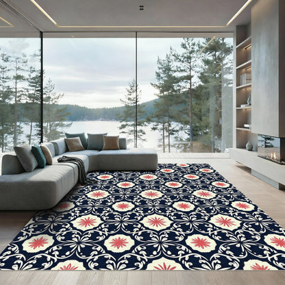 Crimson Floral Medallion Navy Rug