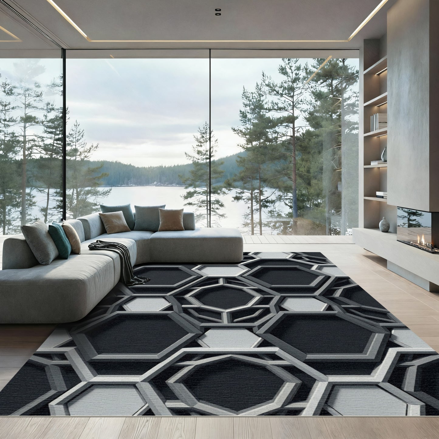 Sophisticated Monochrome Geometric Hexagon Structure Rug
