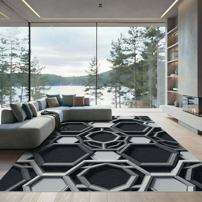 Sophisticated Monochrome Geometric Hexagon Structure Rug