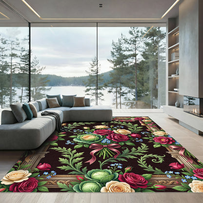 Elegant Crimson Rose Bouquet Victorian Tapestry Rug