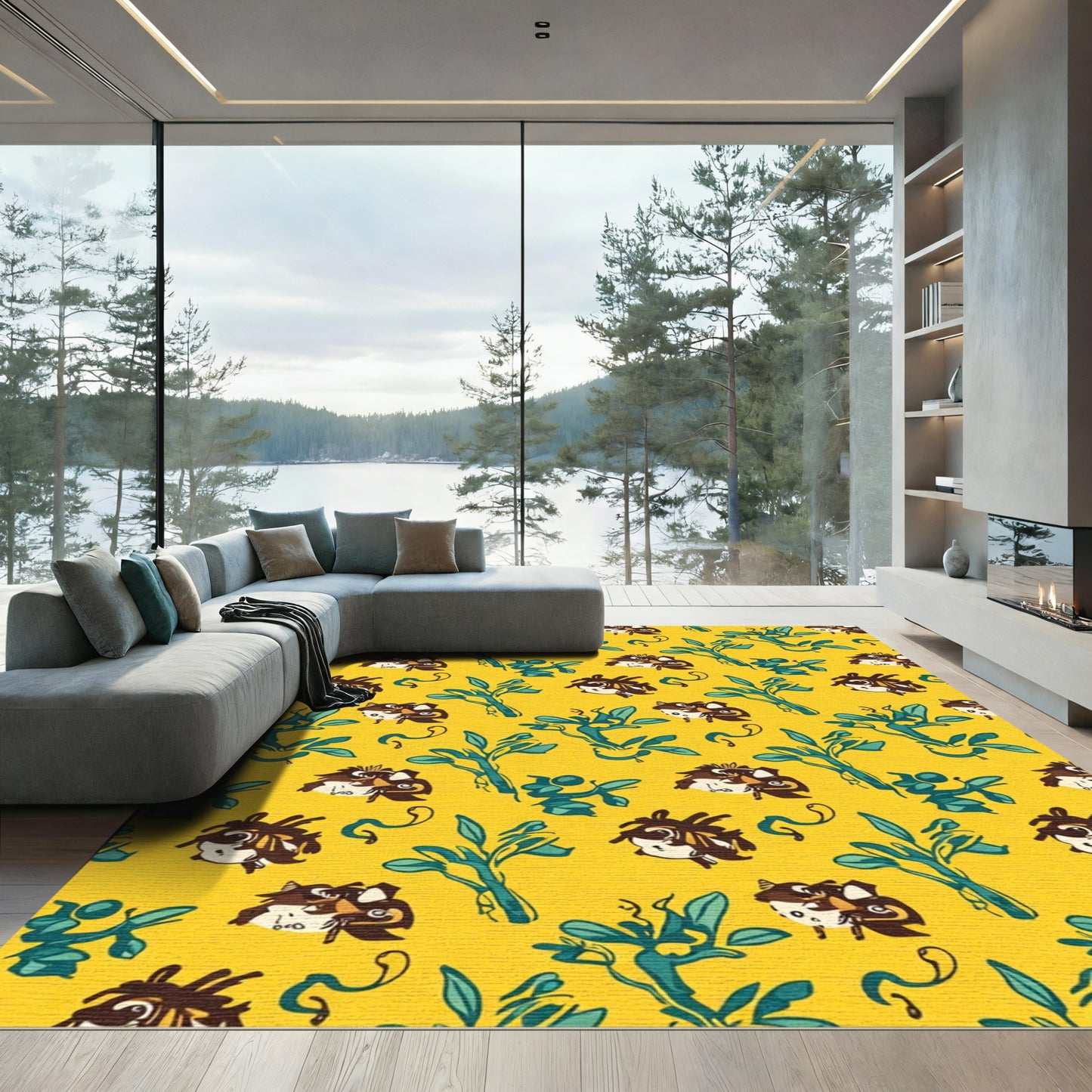 Whimsical Creatures Teal Foliage Yellow Rug
