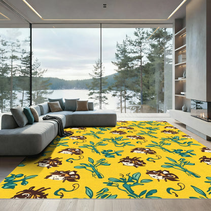 Whimsical Creatures Teal Foliage Yellow Rug