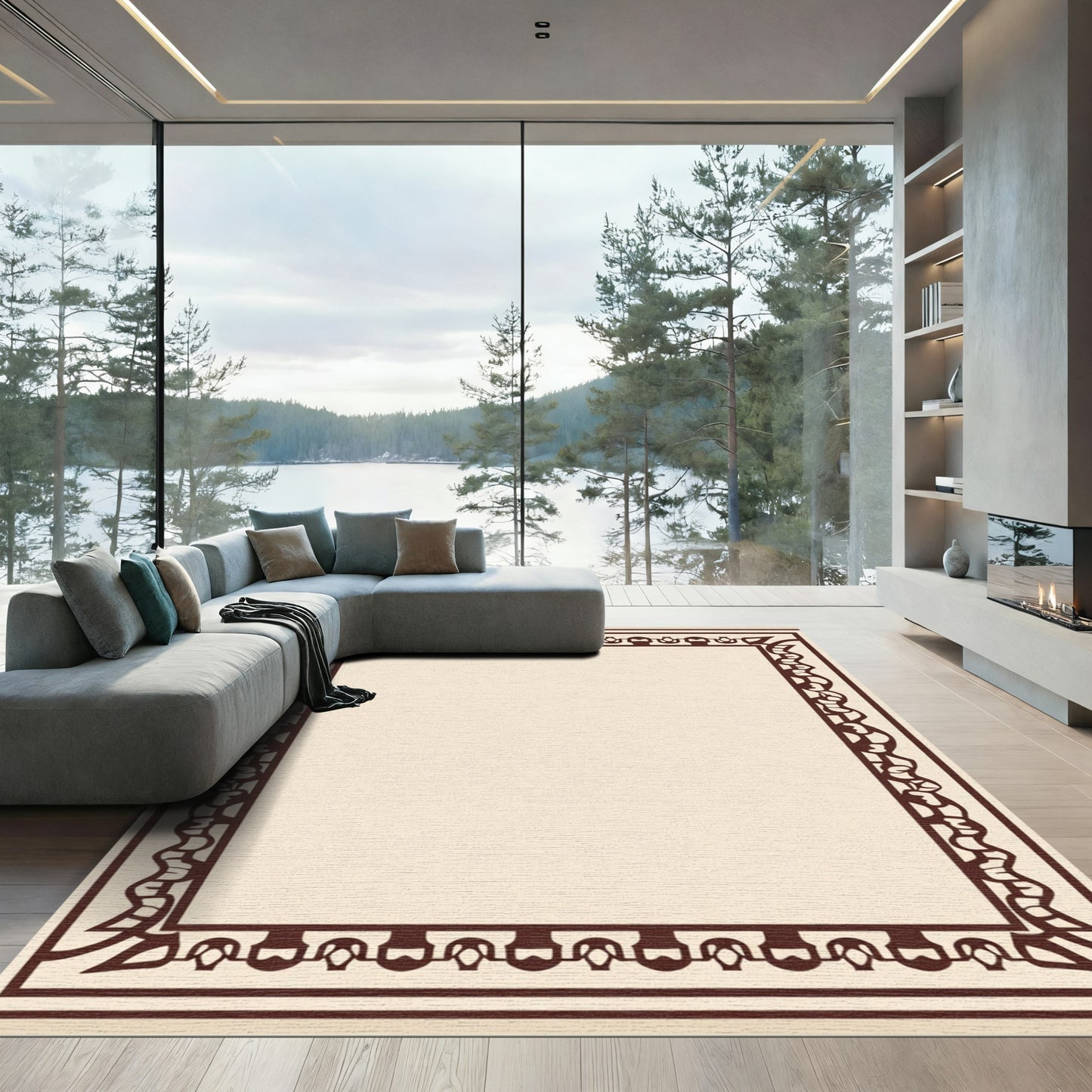 Rich Brown Geometric Vine Border Rug