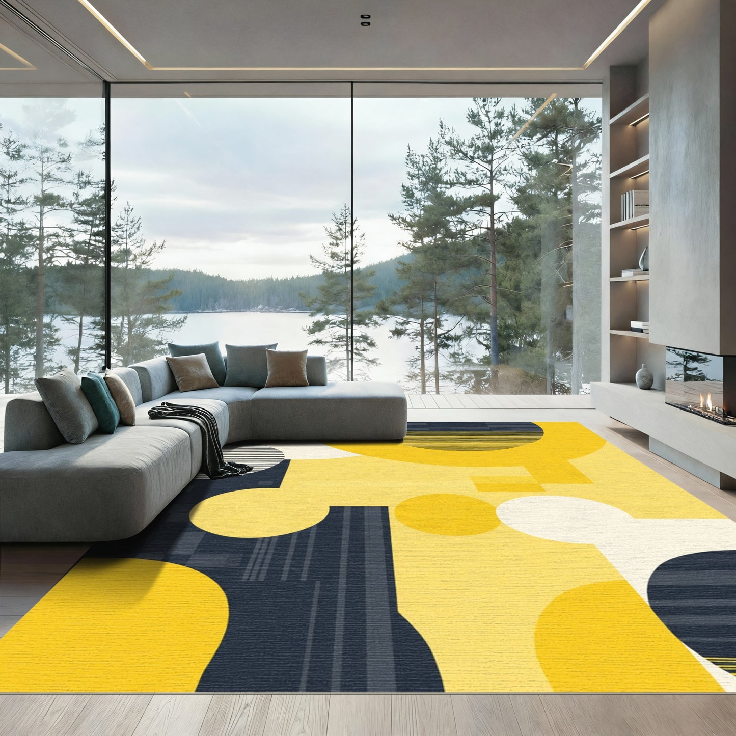 Abstract Yellow Circles Blue Shapes Rug