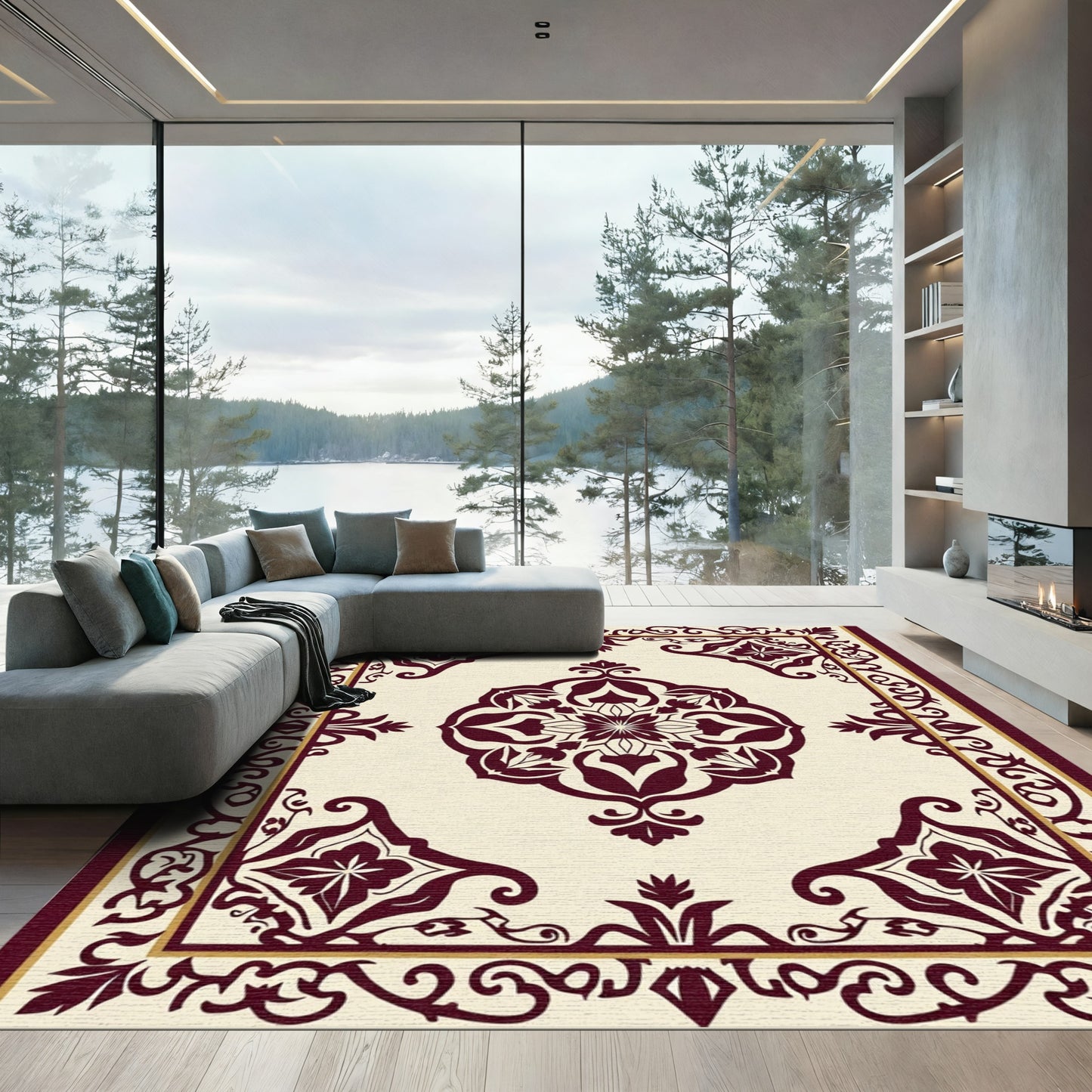 Regal Crimson Medallion Vine Border Rug