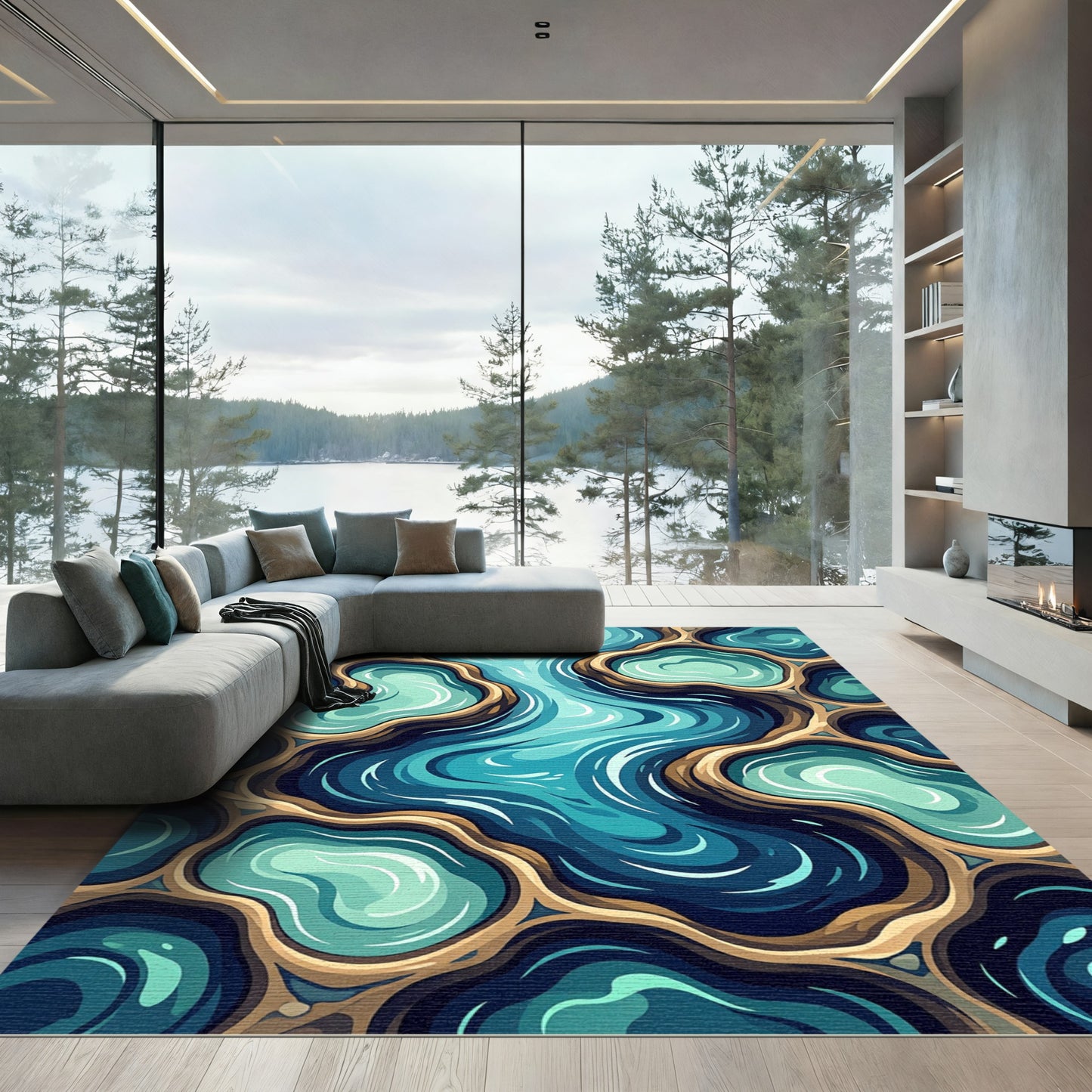 Oceanic Teal Organic Winding Flow Rug